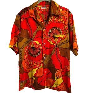 Vintage 60s 70s GVH Hawaiian Print Shirt Mens M Red Orange Brown Pointed Collar